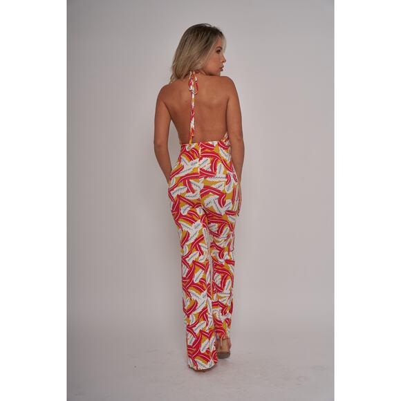 NWT Red Tropical Print Halter V Neck Jumpsuit - Small - Picture 7 of 7